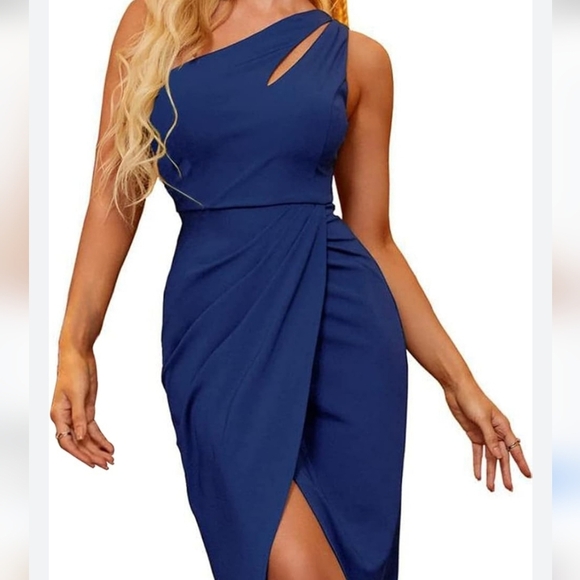 Women's Elegant Blue One-Shoulder Midi Dress - Size Small BNWOT - Picture 2 of 6